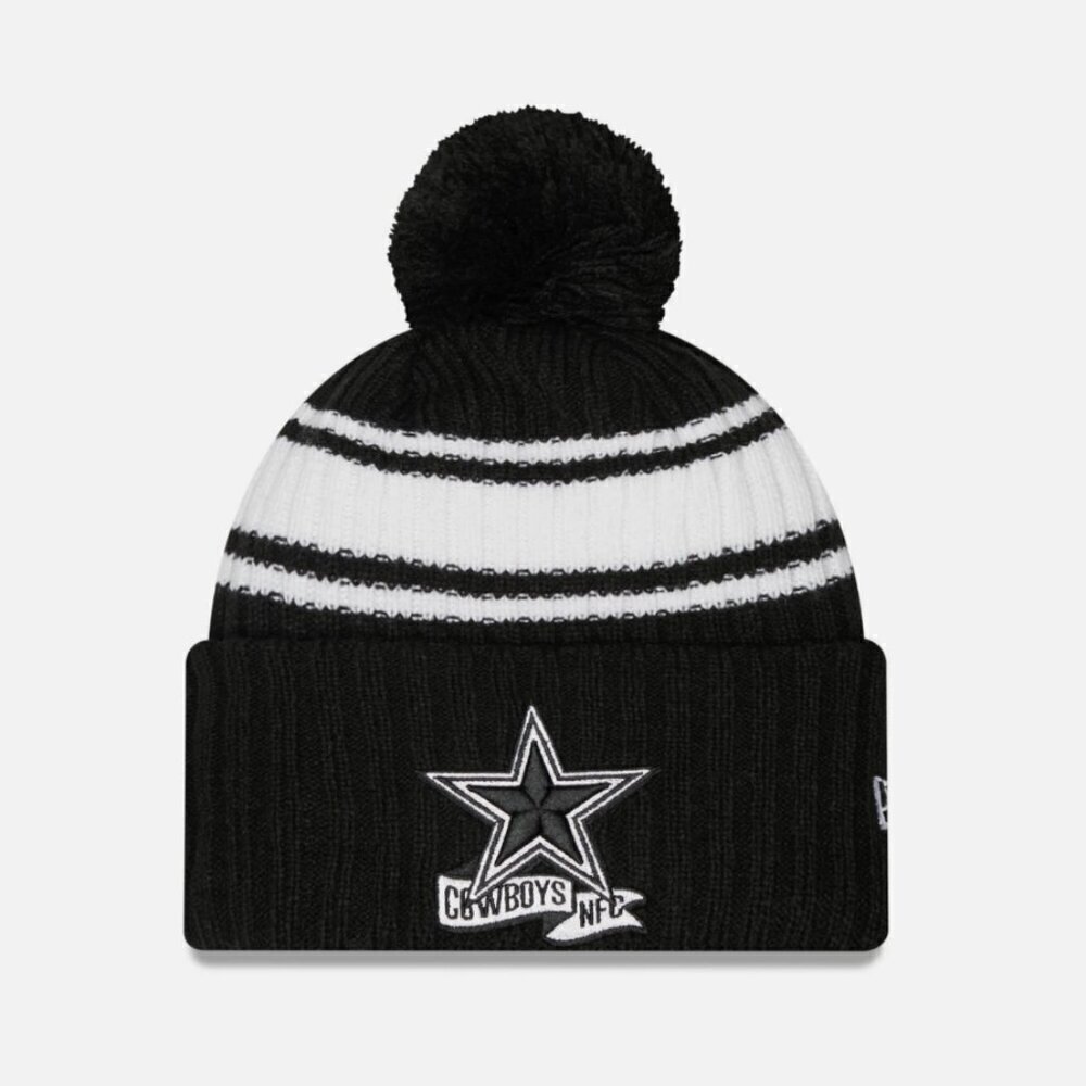 Dallas Cowboys NFL Official New Era Knit Hat with Pom Black White Sideline Sport